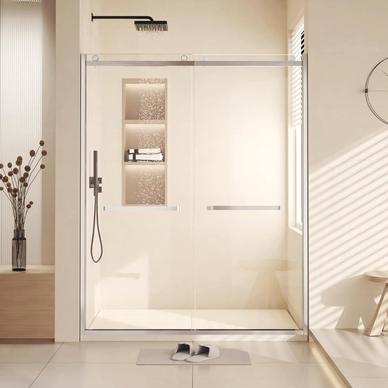 Semi-Frameless Sliding Shower Door, 2/5'' Double Sliding Tempered Glass Shower Door with Stainless Steel Handles for Walk-in Shower Bathroom- 60" W x 72" H,Brushed Nickel