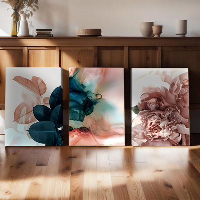 3 pièces d'art mural encadré, ensemble de 3 reproductions d'art minimaliste sur toile botanique abstraite avec pivoines rosées, sarcelle, encre et feuilles tropicales pour le salon, la chambre et la décoration intérieure