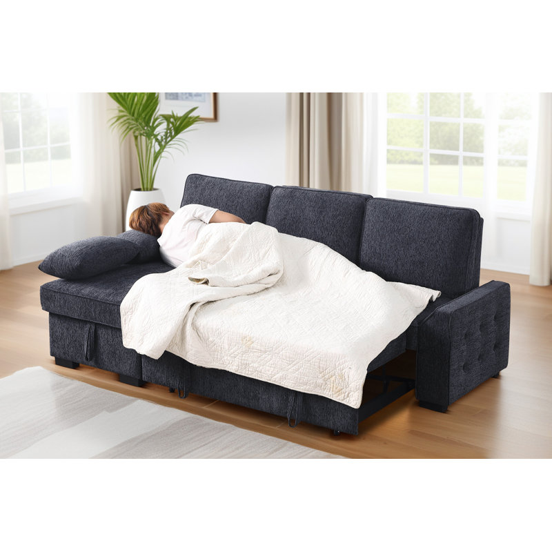 Ebern Designs 91inch Upholstered Pull Out Sleeper Sectional Sofa With Convertible Storage Chaise, Dark Gray Polyester Blend