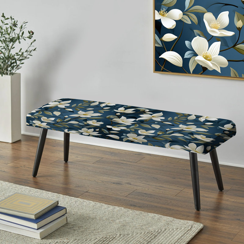 White And Blue Flowers Veins - Floral Upholstered Black Bench