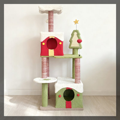 Christmas-Themed Multi-Level Cat Tree with Spacious Condos and Sturdy Construction for Safe Play and Rest