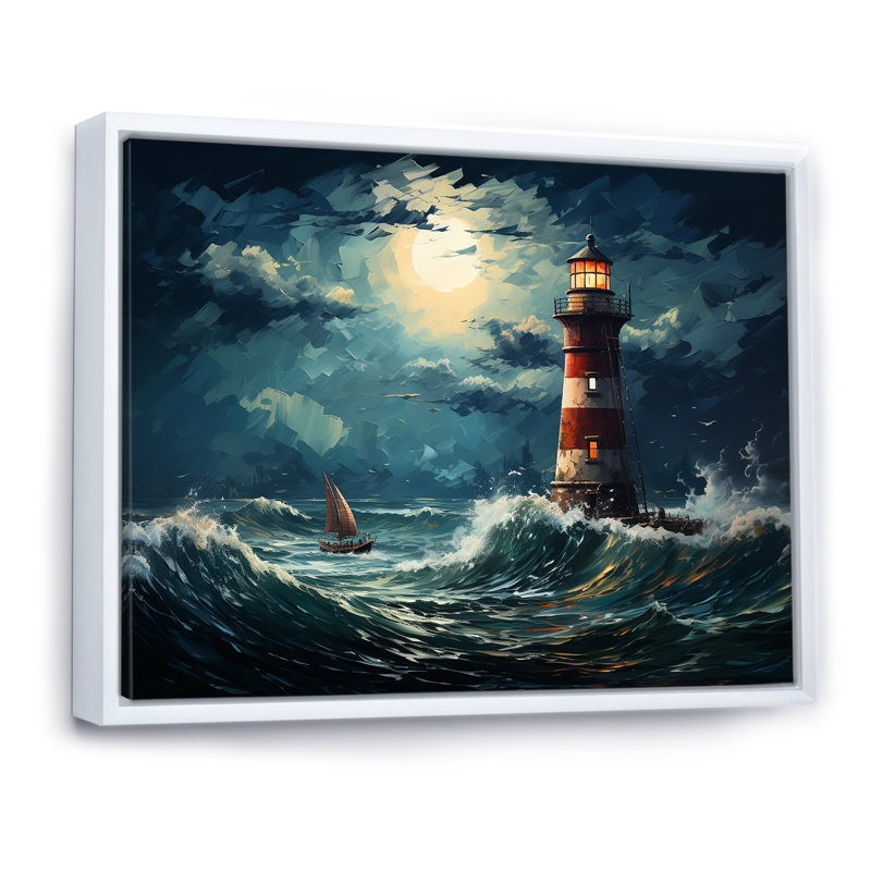 Phare de la mer orageuse 1 - art mural phares, Cadre flottant blanc, H 34 po x l 44 po x P 1,5 po