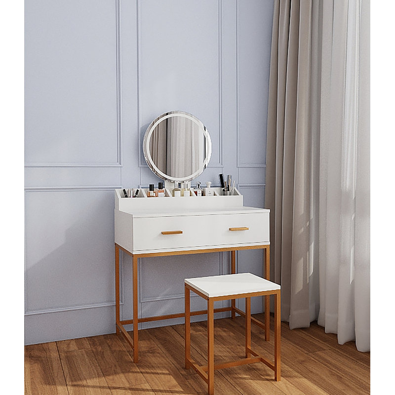 Vanity Set With Mirror And Stool - Makeup Vanity Table With Storage Drawers And Organizer, White And Gold, Space-Saving Design For Small Bedrooms