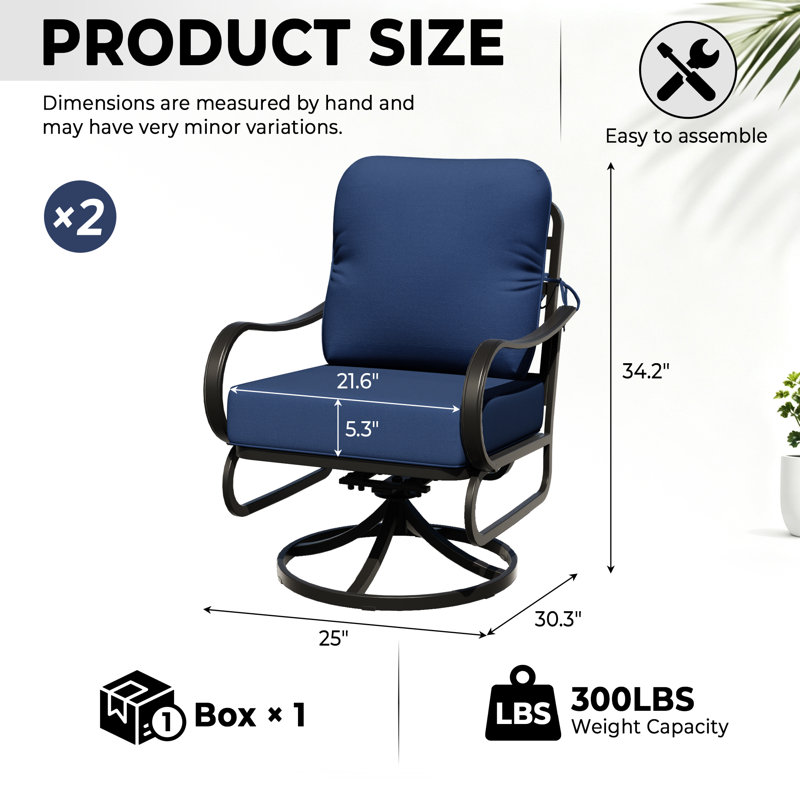 Chaises de patio pivotantes d'extérieur 2 pièces, avec structure en métal et coussins bleus épais de 5,3 po, Bleu