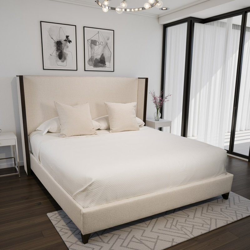 Megan Upholstered Wood Wing Plain, Off White, King