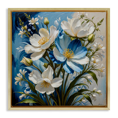 «Curling Petals Floral on Blue», art mural encadré sur toile