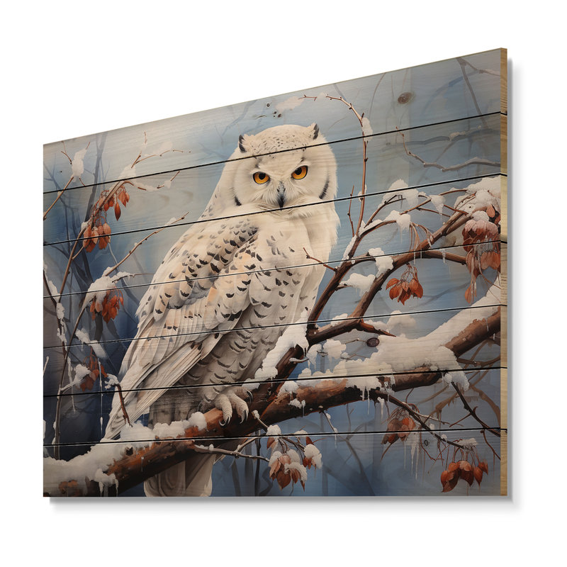 Hibou des neiges hiver II sur bois, H 10 po x l 20 po x P 0,78 po
