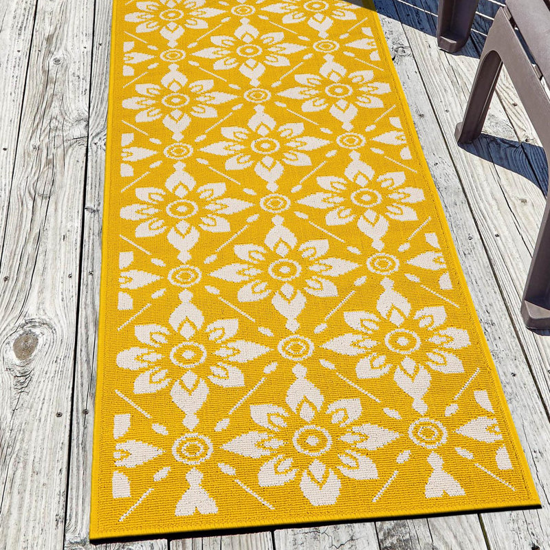 Yellow and Ivory Floral Flat Woven Outdoor Runner Rug