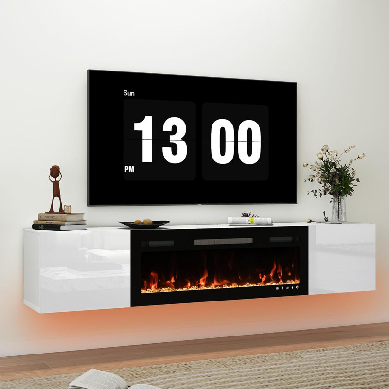Meuble télé 80 po avec foyer électrique de 40 po, console murale à DEL avec rangement, blanc, White