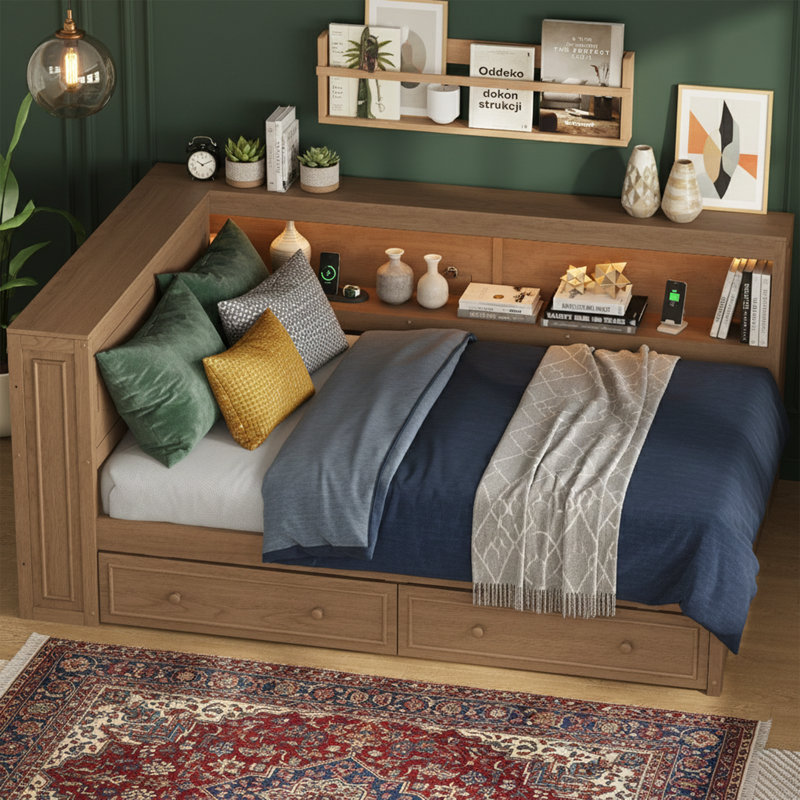 Full Size Wood Daybed with Bookcase and Charging Station - Storage Bed with 2 Drawers - Antique Wood, Brown