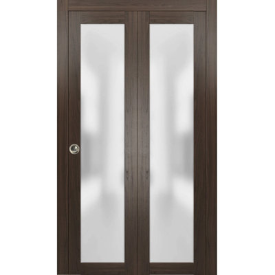 Sliding Closet Bi-fold Doors 42 x 96 Planum 2102 Chocolate Ash with Frosted Glass Sturdy Tracks Moldings Trims Hardware Set Wood Solid Bedroom Wardrobe Doors