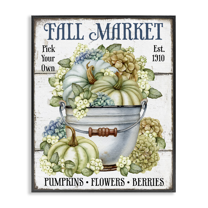 Art rétro giclée par citrouille et Hydgrangea par Creatif Belle, Giclée encadrée noir minuit, H 30 po x l 24 po