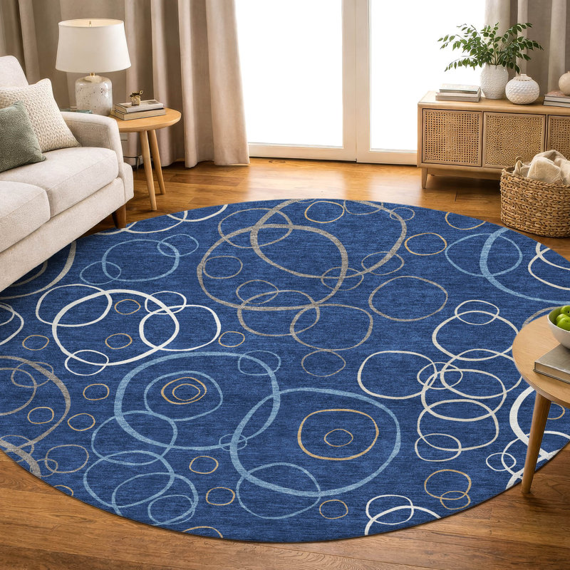 Premium Machine Washable Mayfield AMF2408 Bubbles Rug, Navy, 8' Round