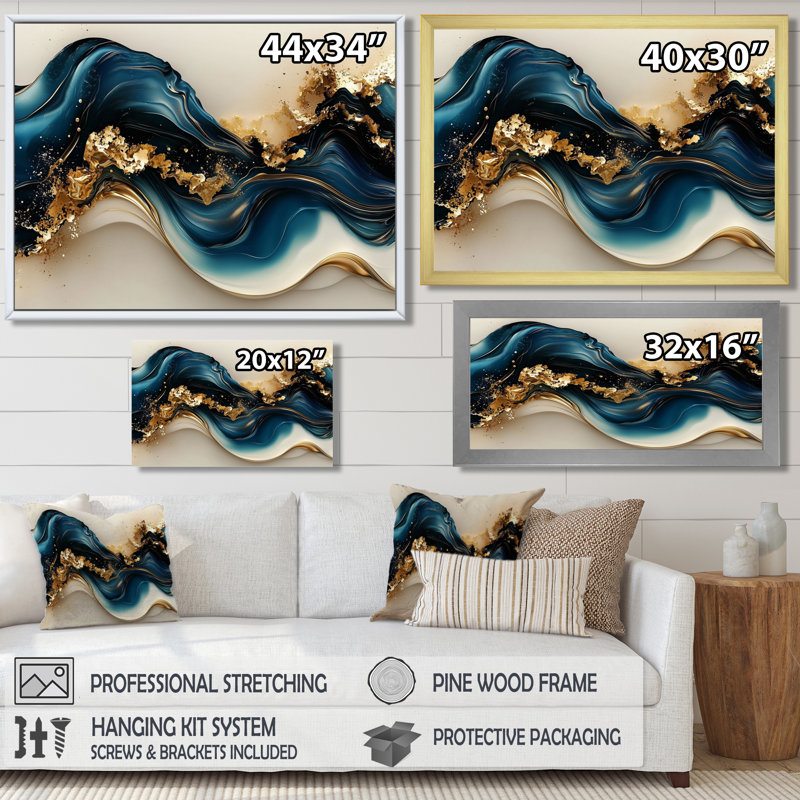 Pierre émeraude fusion sur rivière bleue II - vagues abstraites modernes, art mural, H 28 po x l 60 po, Cadre flottant, Brun