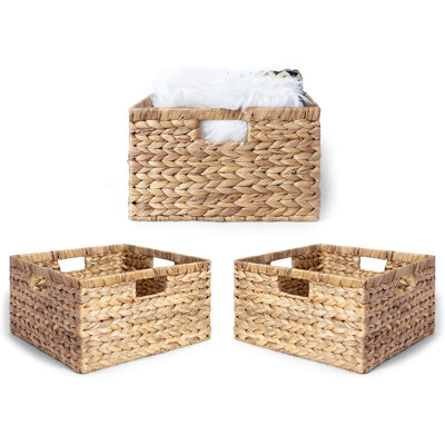Ensemble de 3 paniers de rangement en jacinthe d'eau tissés à la main avec poignées intégrées Canasta, rotin - organisateurs rectangulaires naturels en osier, ensemble de 3