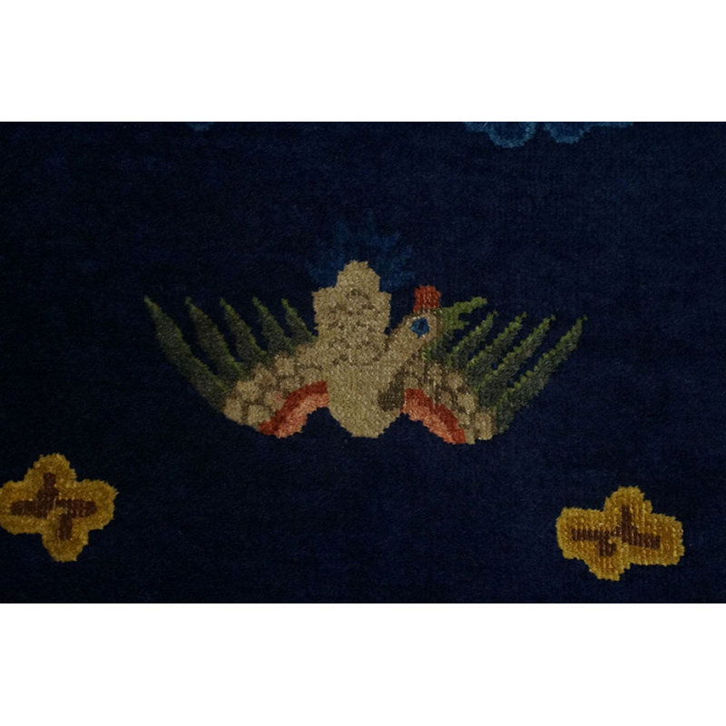 Antique Blue Early 20th Century Chinese Cranes Cloud Bands Temple Design Peking Hallway Runner Rug