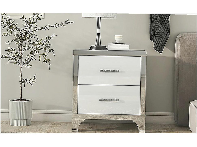 Table de chevet élégante avec poignée en métal, table de chevet à miroir avec 2 tiroirs pour chambre à coucher, salon, blanc Elegant