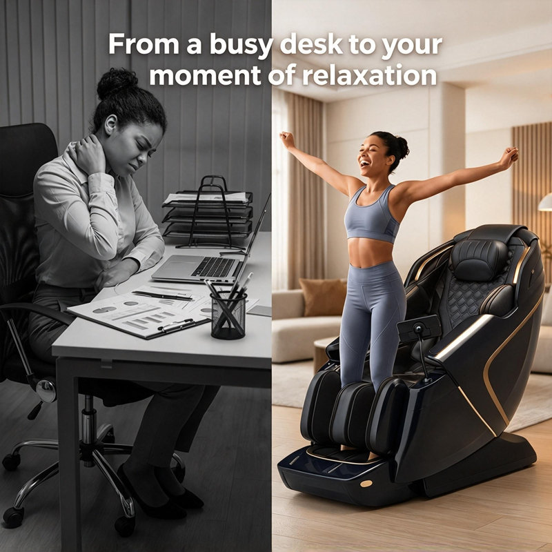 Fauteuil de massage complet YJ-L50 YITOUCH L50 Ebern Designs en similicuir noir, fauteuil de massage Shiatsu chauffant 5D sans gravité avec rail SL, 52 coussins d'air, chargement sans fil et rouleau de massage pour les pieds