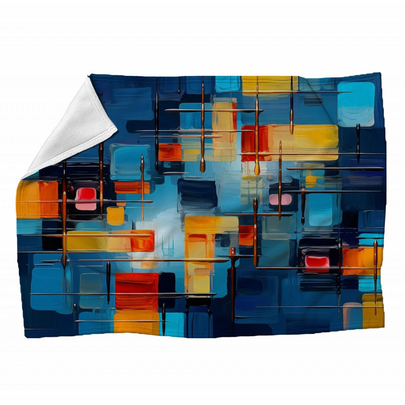 Machine Printed Throw Blanket, 80" L x 60" W, Abstract, Red/Orange/Blue/Gray