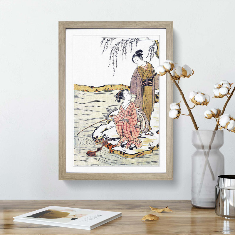 Fishing by Isoda Koryusai - Picture Frame Art Print, Oak Framed, 36cm H x 27cm W x 2cm D