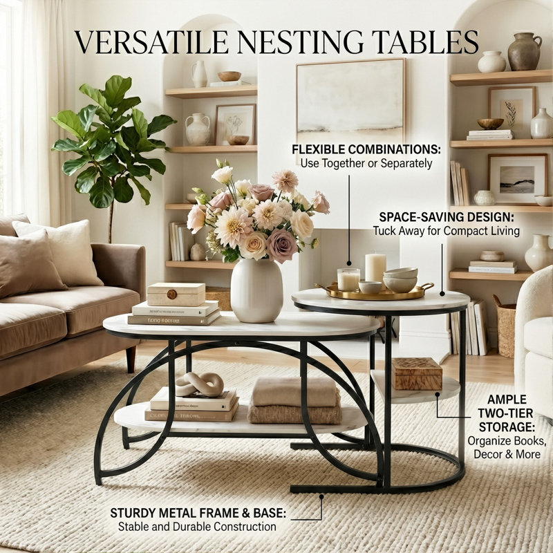 Oval & Round Nesting Coffee Tables (80+52Cm), High-Low Marble Effect Duo With 4-Tier Storage, Black