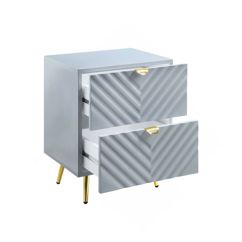 2 Drawers MDF Nightstand In Gray High Gloss Finish, Gray