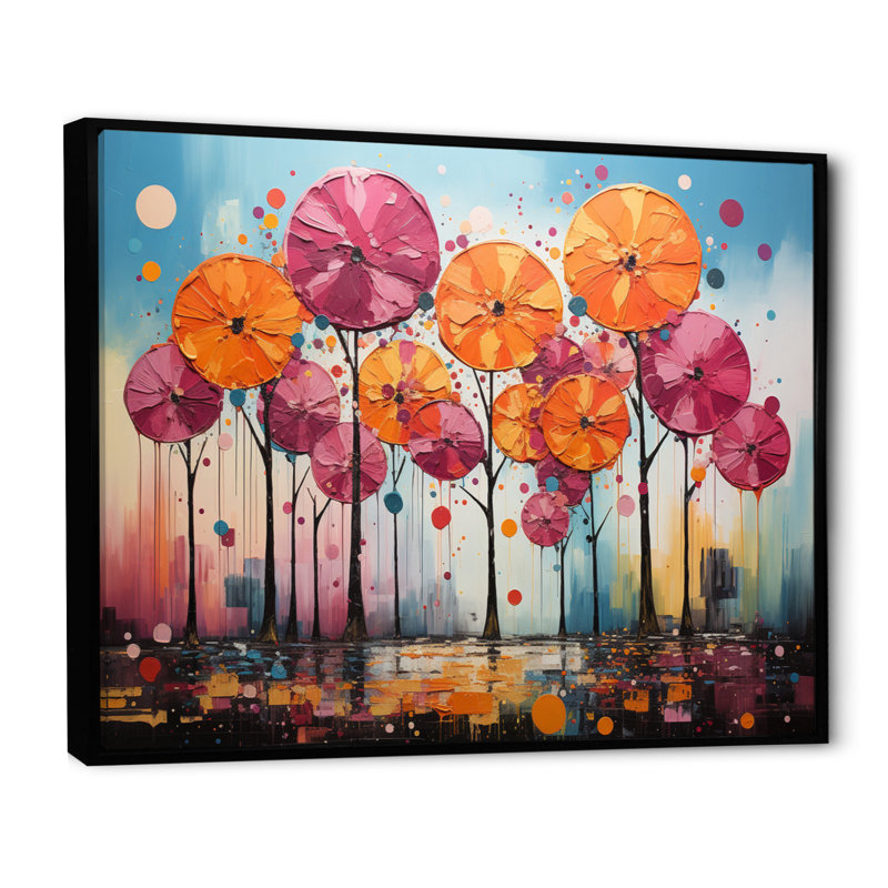 Palmiers orange et roses abstraits IV - impression, H 24 po x l 32 po x P 1 po, Cadre flottant noir