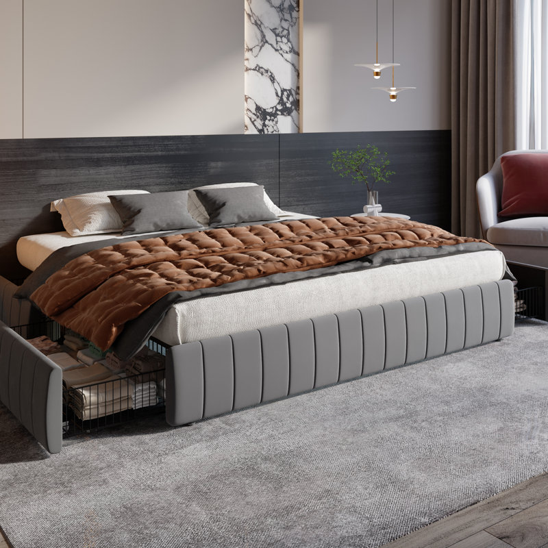Modern Channel‑Tufted Upholstered Platform Storage Bed With 4 Locking Drawers, King, Gray