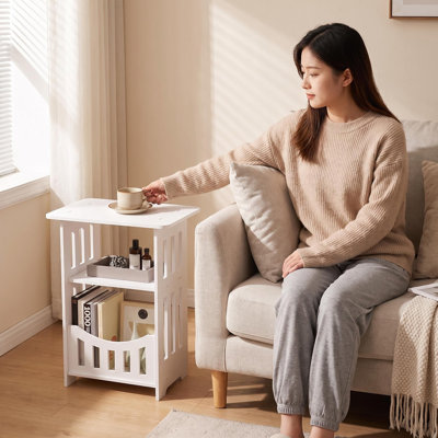 White 3-Tier Bedroom Storage Cabinet Small Square Side End Table with Guard Rail for Bedroom Sofa Narrow Space