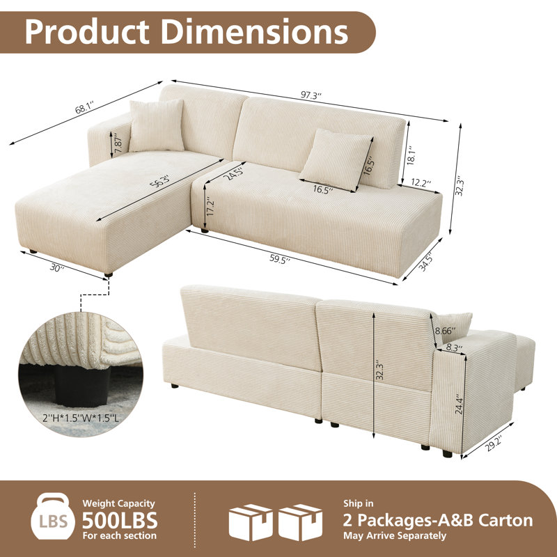 Nargis Modern 2-Piece Corduroy Sectional Sofa in Beige, Reversible L-Shape Couch with Chaise for Living Room Comfort