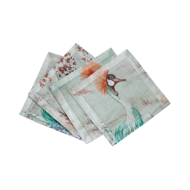 Crested Crane Cotton Sateen Cocktail Napkins, Turquoise Red