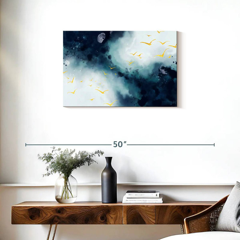 Paysage abstrait d'oiseaux dorés Avery, H 20 po x l 30 po