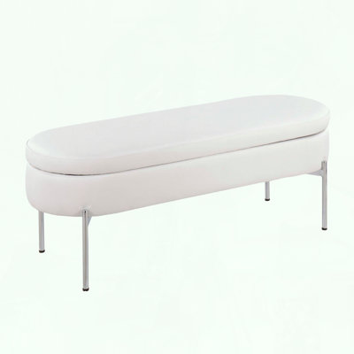Contemporary Storage Bench with Chrome Metal and White Faux Leather