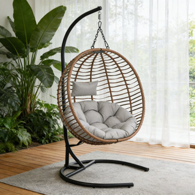 Single Person Folding Egg Chair With Stand, Ideal For Indoor And Outdoor Relaxation, Featuring Adjustable Anti-Slip Feet