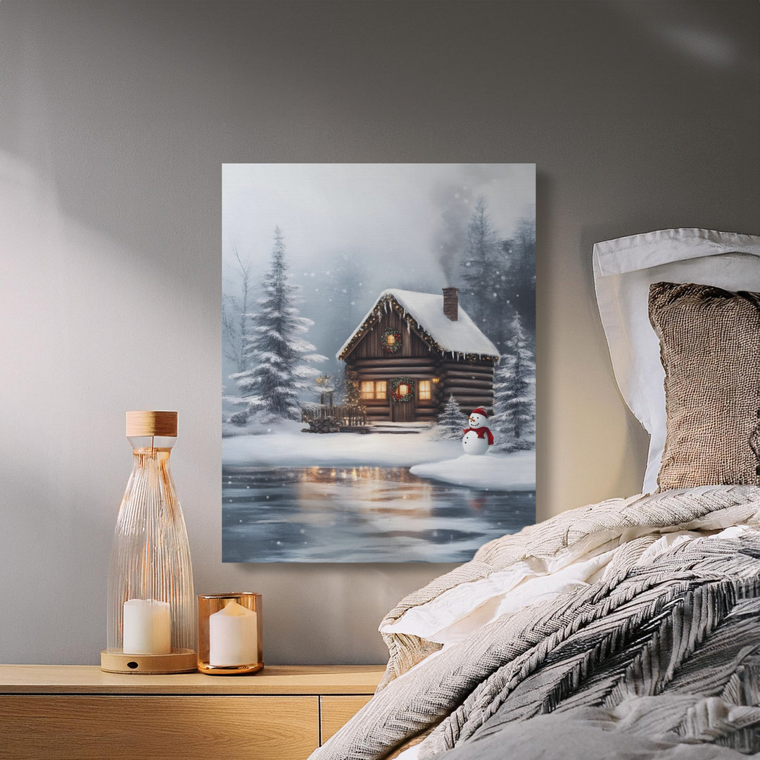 Cozy Winter Cabin Snowman Canvas Wall Art