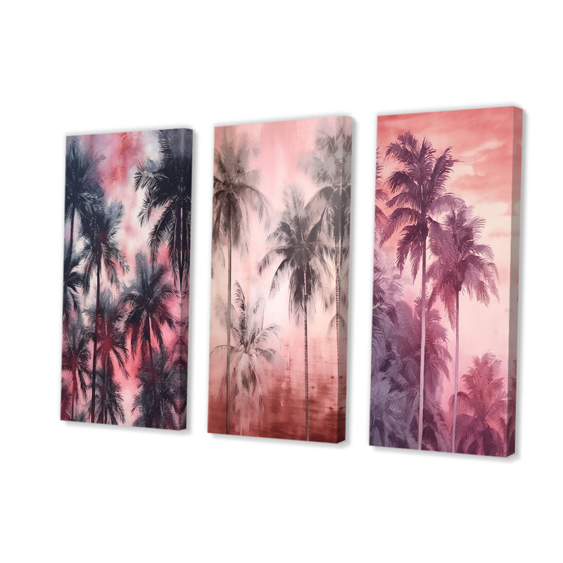 Ensemble de 3 décorations murales rétro avec palmiers roses et ombres, H 28 po x l 36 po, Toile tendue