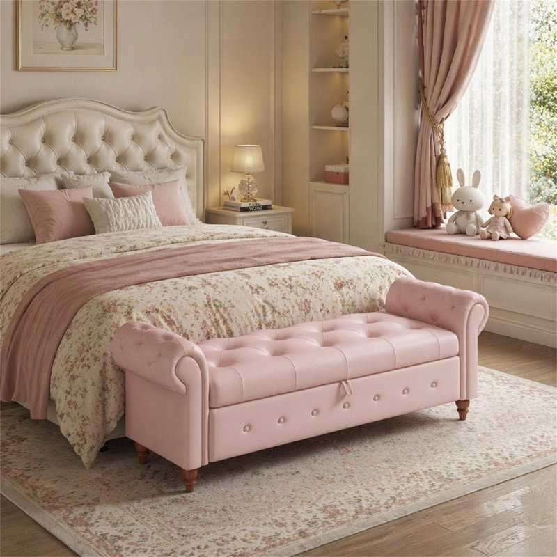 Banc de lit en velours rose, Rose