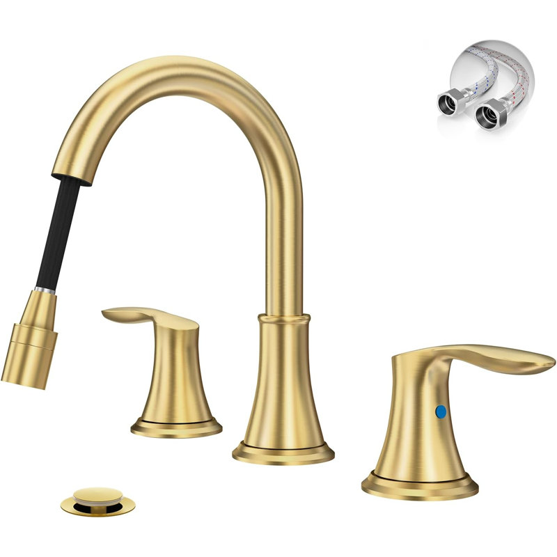 Robinet de salle de bain espacé avec douchette rétractable 8 pouces - Or brossé 2 poignées 3 trous, sans plomb, avec bonde escamotable en métal et conduites d'alimentation en eau