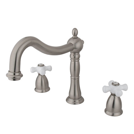 Heritage Double Handle Deck Mounted Roman Tub Faucet, Satin Nickel, Cross