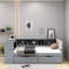 Lit plateforme simple Elegant Cream avec tablettes de rangement, tiroirs et station de charge - tête de lit tapissier incluse-1102879594-1102985663