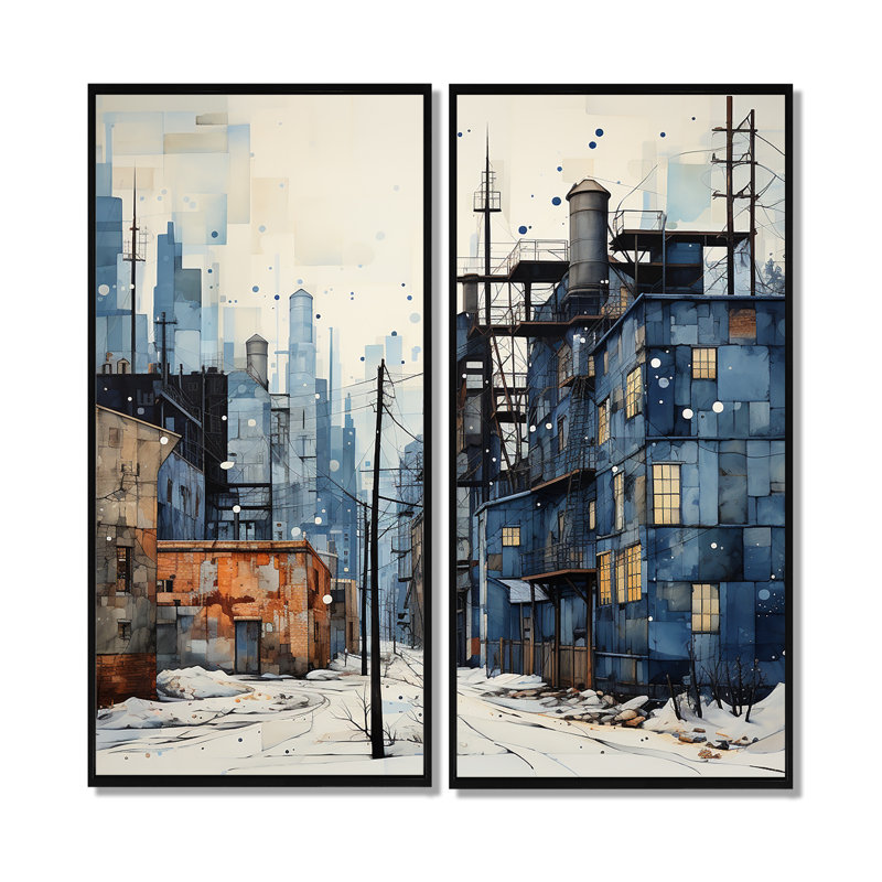 Warehouse Industrial Dots - Art mural industriel 2 panneaux, 32" H x 32" W, Impression encadrée flottante, Black