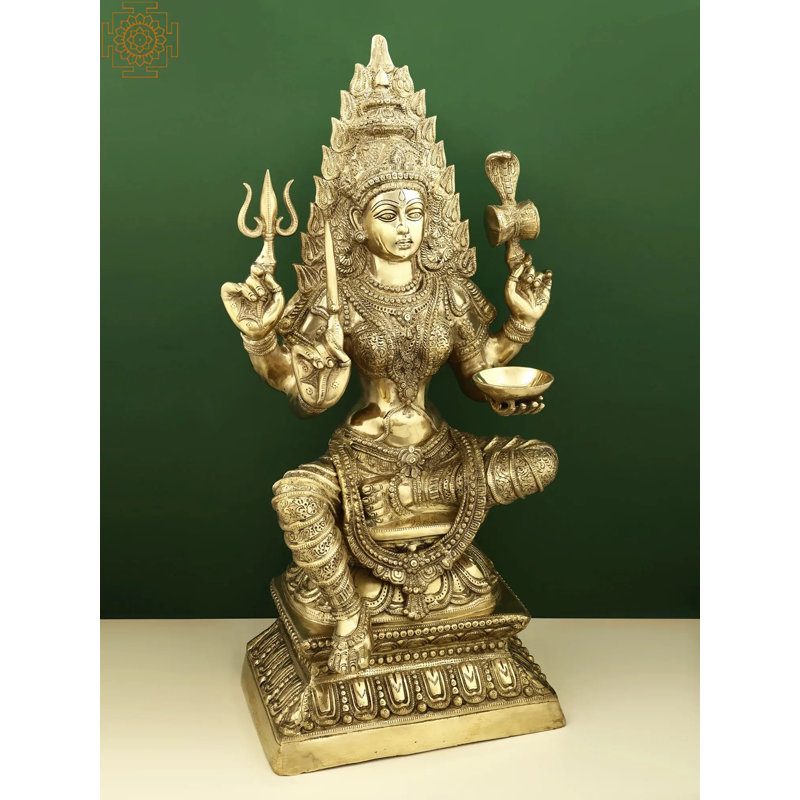 32" Large Brass Mariamman Statue – South Indian Goddess Durga Idol with Shaivite Attributes for Home Temple & Spiritual Decor