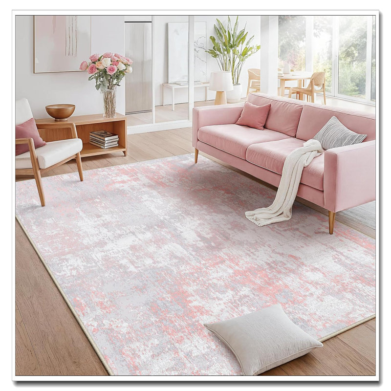 Tides Series 8'X10' Area Rug - Washable Non-Slip (Dark Black Gold) Modern Abstract For Office, Light Pink