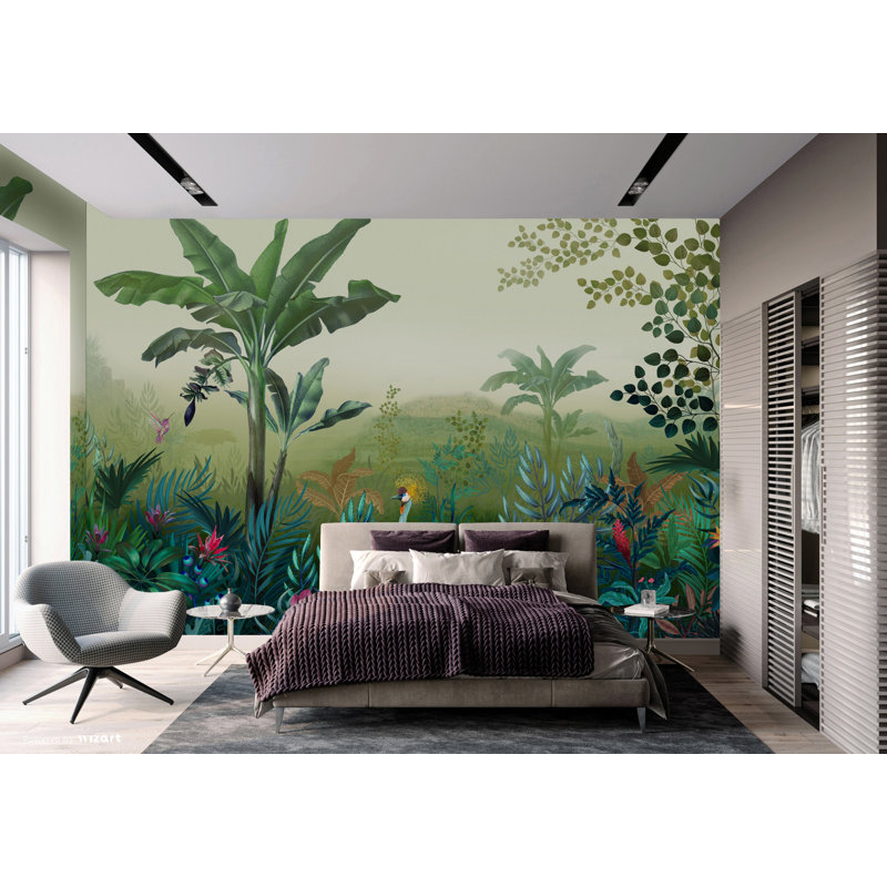 Papier peint à motif de feuilles de jungle exotique, L 110,04 po x l 163 po, Vert