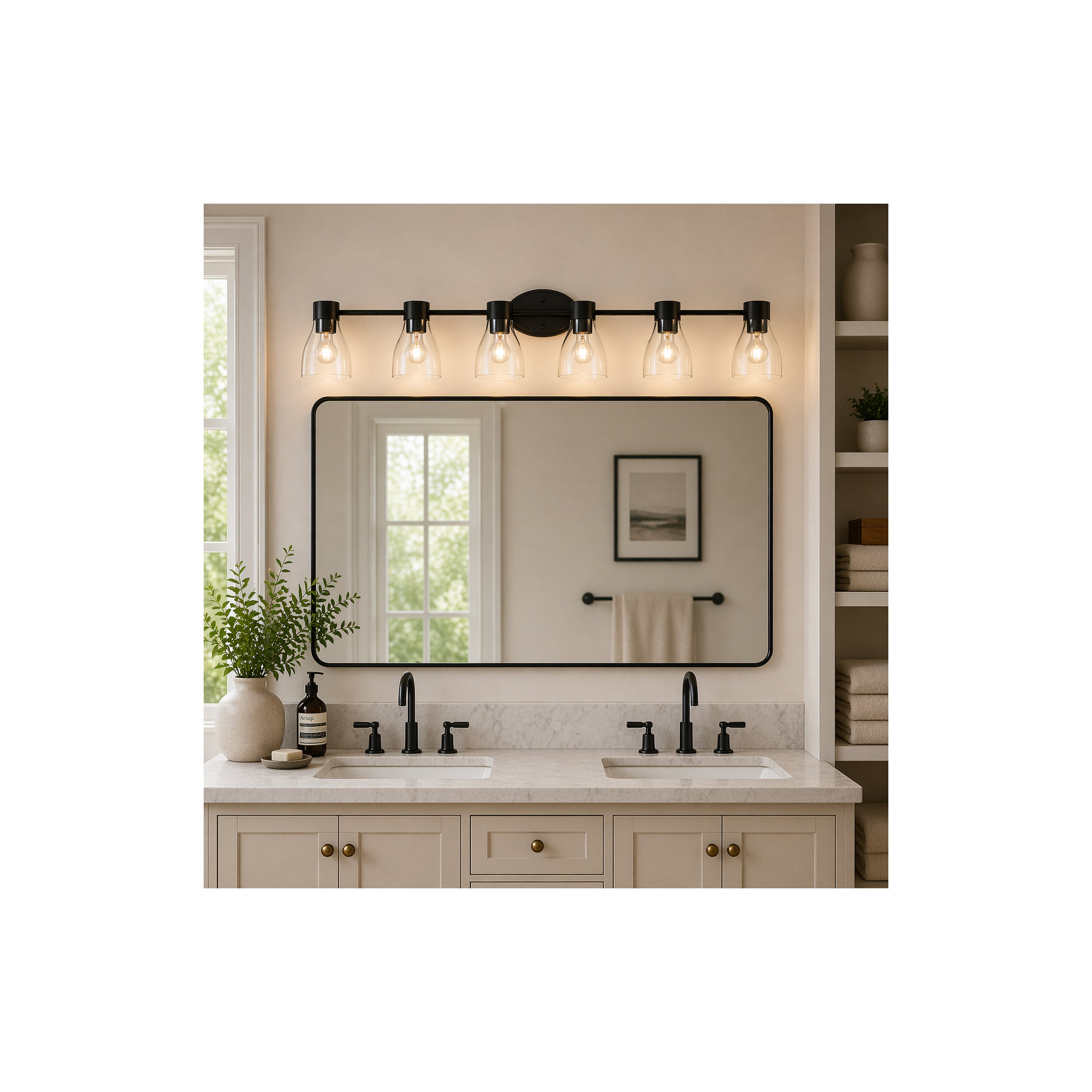 3-Light Brushed Brass Vanity Light with Clear Glass Shades, Satin Black, 6