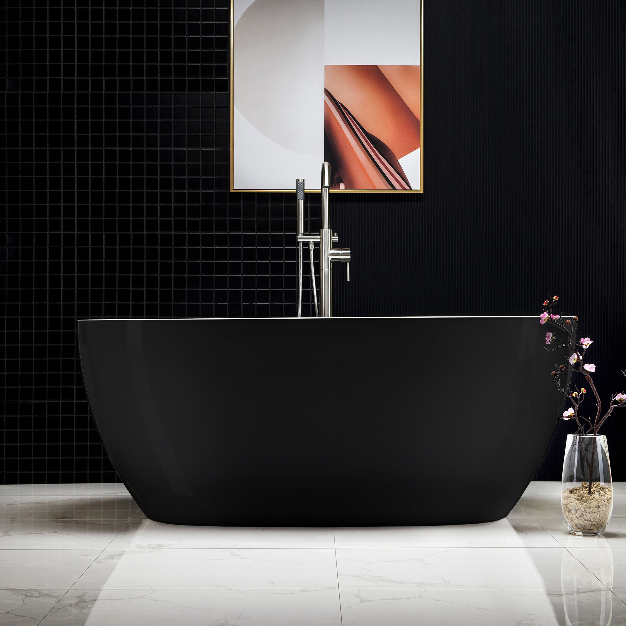 59" x 32" Freestanding Soaking Bathtub, Brushed Nickel, Black