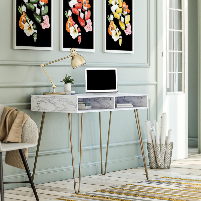 Emily Metal Base Writing Desk, White Marble/Gold