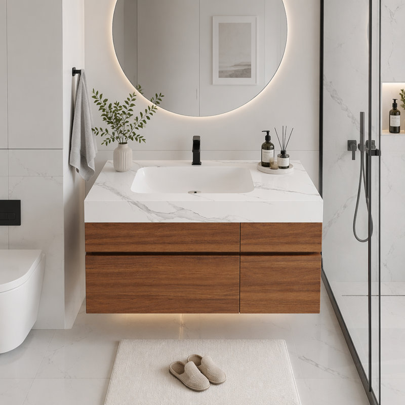 Meuble-lavabo flottant moderne avec plateau en pierre frittée sans soudure et lavabo en céramique intégré