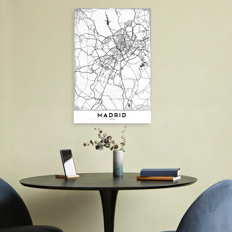 Madrid Spain Road Map Retro Vintage Abstract City Wall Art Print 1 Piece Wrapped Canvas Wall Art, 60.96cm H x 40.64cm W