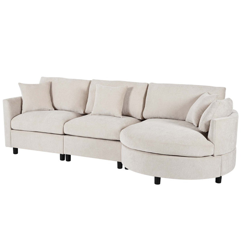 Canapé d'angle avec méridienne incurvée et coussins décoratifs, Chenille beige